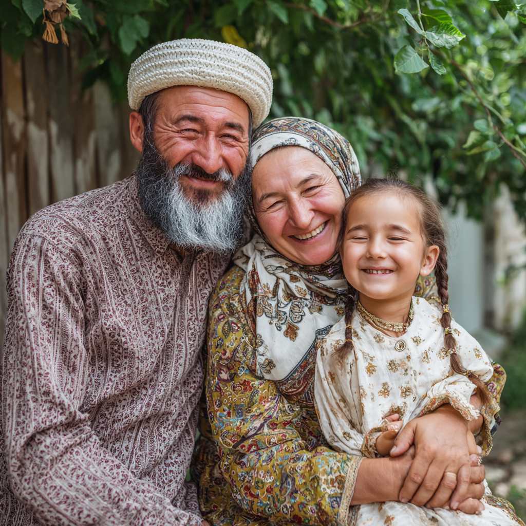 Smiling Uzbek adult holding a colorful, healthy meal plate with fresh vegetables and balanced nutrition