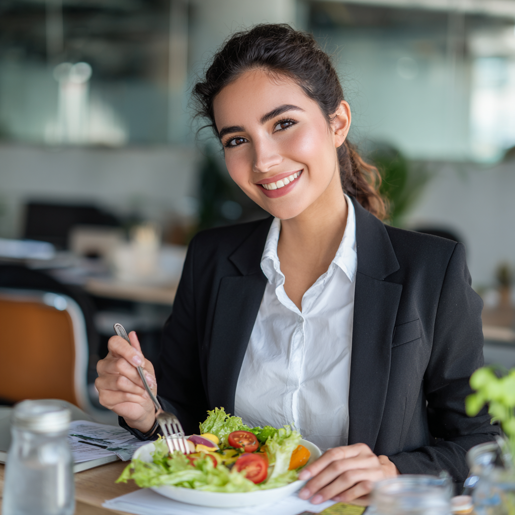 Happy Uzbek adult preparing balanced meal with fresh local ingredients, showing portion control and nutritional balance