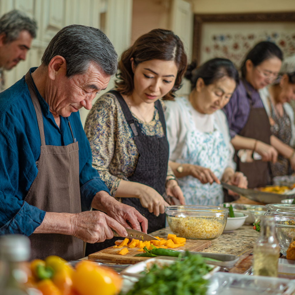 Smiling Uzbek office worker enjoying a healthy lunch break with nutritious meal, showing work-life balance and healthy eating habits